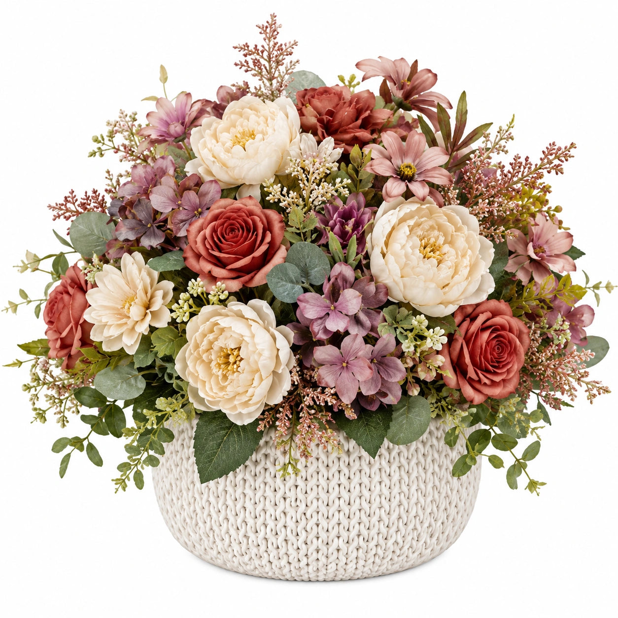 Arrangement floral artificiel multicolore avec pot bleu