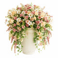 Composition florale artificielle multicolore avec roses et marguerites en vase céramique