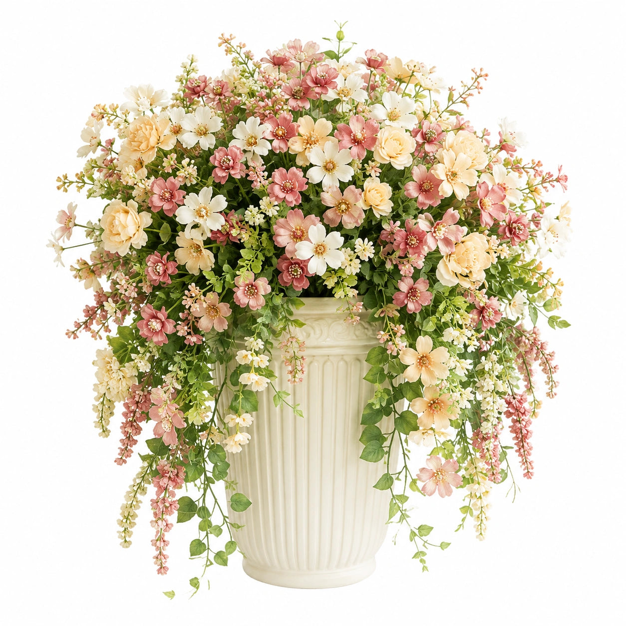 Composition florale artificielle multicolore avec roses et marguerites en vase céramique