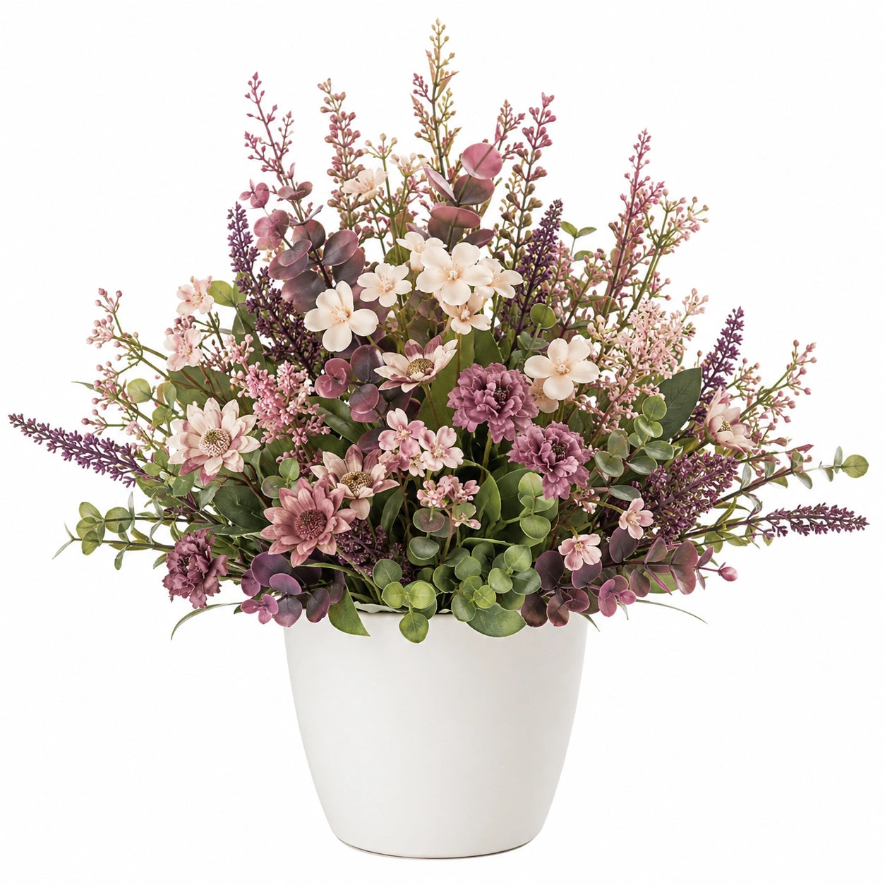 Arrangement floral artificiel roses et dahlias avec vase en céramique beige 30 cm