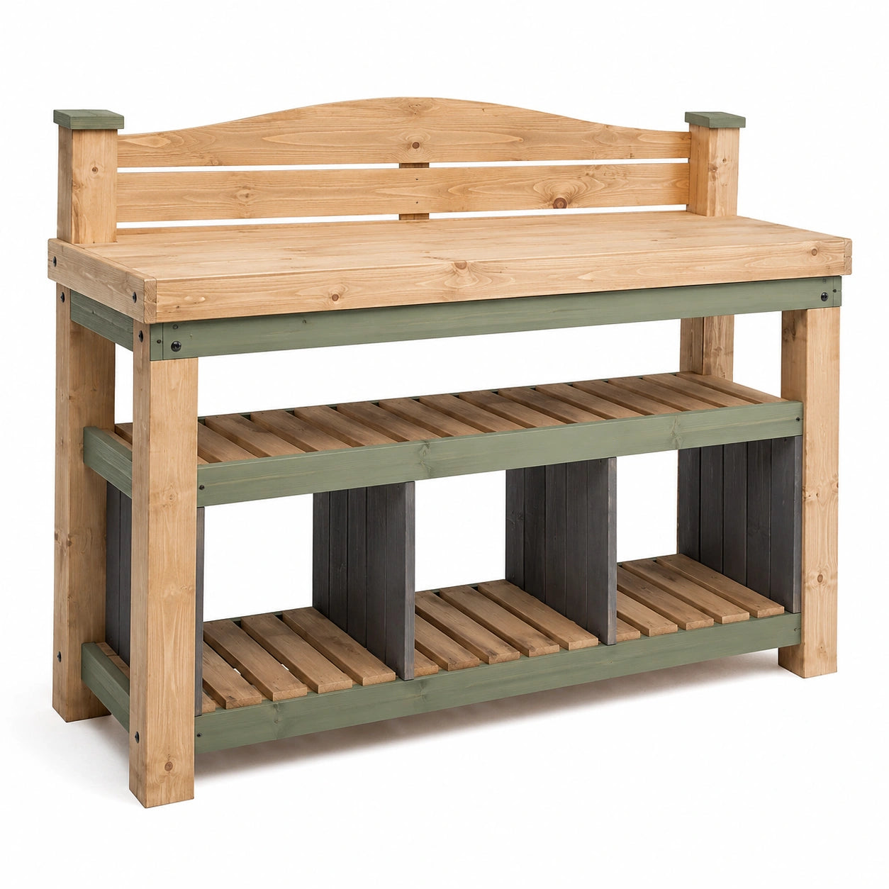 Table de jardinage avec étagères et rangement - Bois naturel et vert